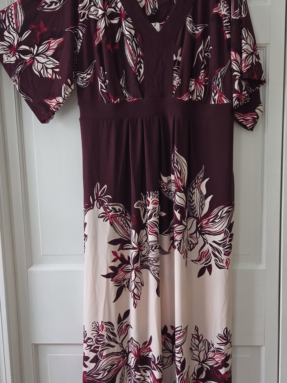 Chico's Burgundy and Cream Floral V-Neck Maxi Dress